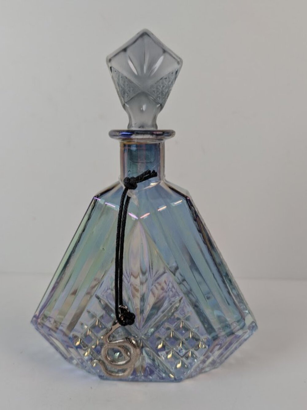 Iridescent Glass Decanter with Snake Charm and Stopper Blue Purple Pink 7" Tall